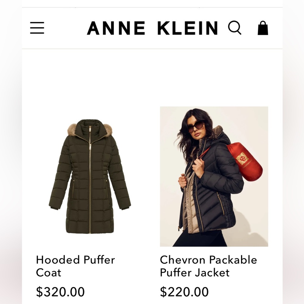 Anne Klein long down puffer coat. Removable fox fur collar. Left pic, Orig $320